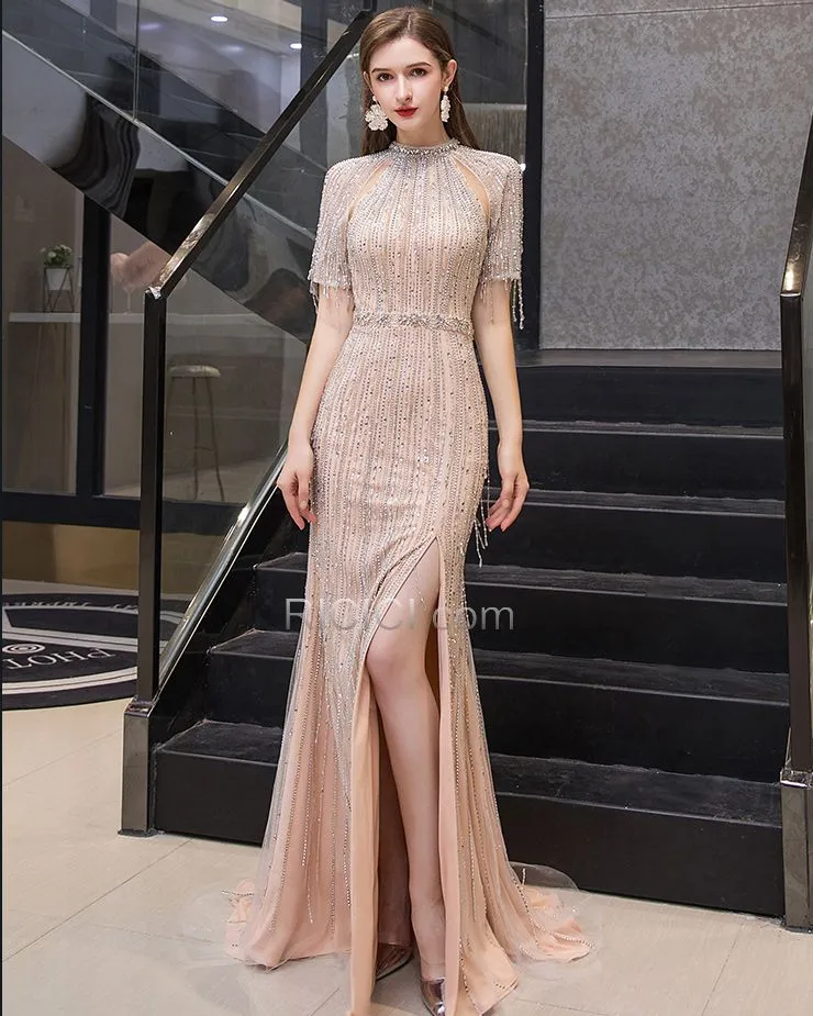 Princesse Cristal Dos Nu Luxe À Frange Longue Brillante Robe Gala Epaule Nu Sequin Manche Courte Robes De Soirée Licou