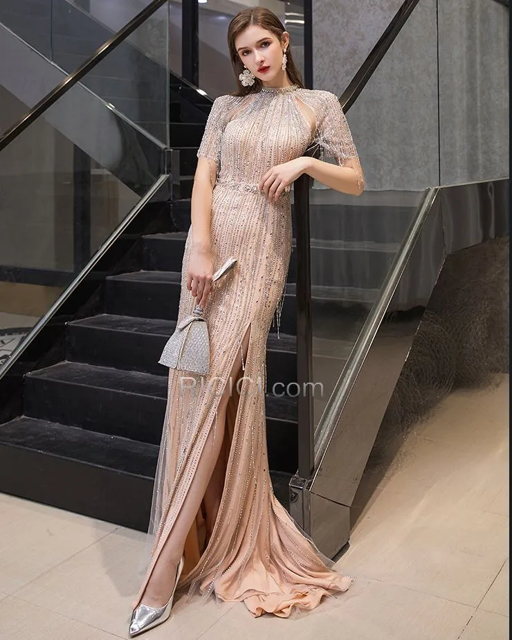 Princesse Cristal Dos Nu Luxe À Frange Longue Brillante Robe Gala Epaule Nu Sequin Manche Courte Robes De Soirée Licou