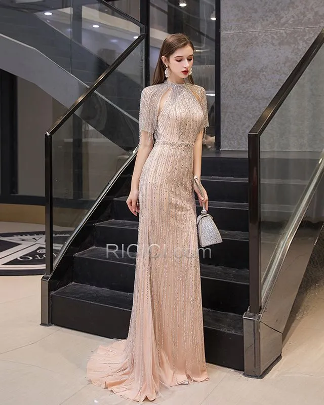 Princesse Cristal Dos Nu Luxe À Frange Longue Brillante Robe Gala Epaule Nu Sequin Manche Courte Robes De Soirée Licou