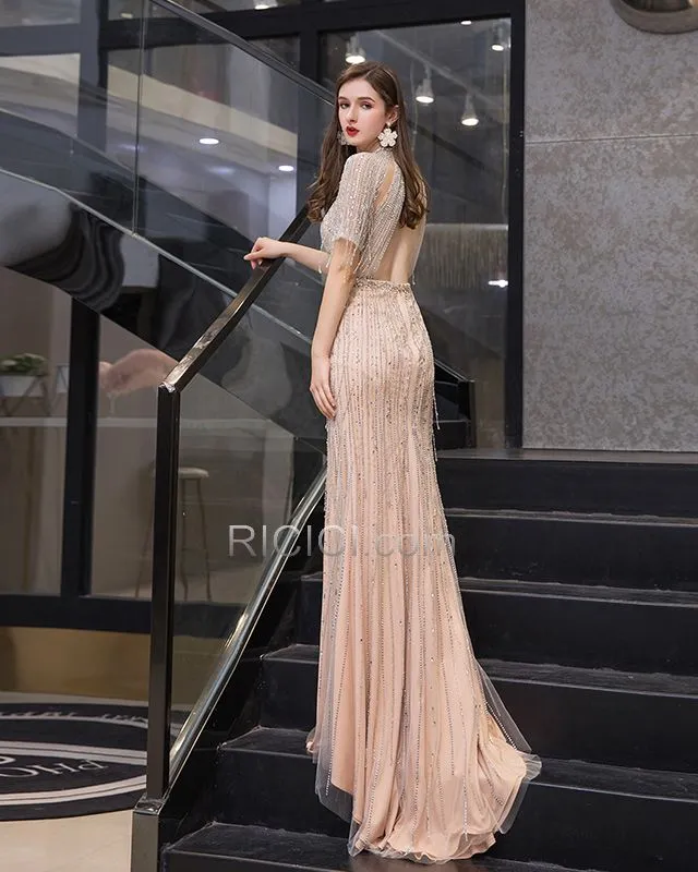 Princesse Cristal Dos Nu Luxe À Frange Longue Brillante Robe Gala Epaule Nu Sequin Manche Courte Robes De Soirée Licou