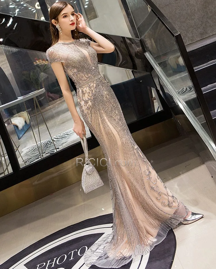 Robe Ceremonie Longue Robes De Soirée Sequin Strass Manche Courte Scintillante Luxe Perlage