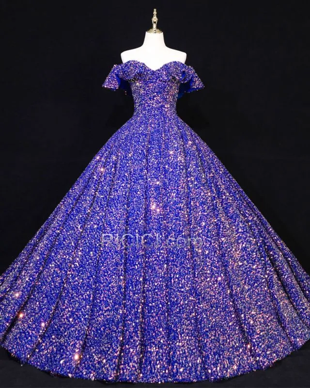 Robe De Bal Longue Paillette Robes De Soirée Brillante Epaule Dénudée Robe De Ceremonie Dos Nu Luxe Princesse