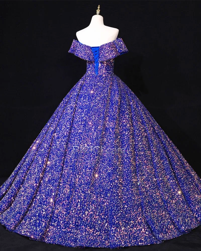 Robe De Bal Longue Paillette Robes De Soirée Brillante Epaule Dénudée Robe De Ceremonie Dos Nu Luxe Princesse