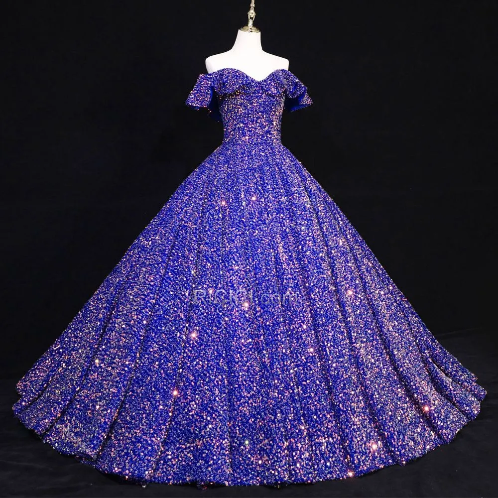 Robe De Bal Longue Paillette Robes De Soirée Brillante Epaule Dénudée Robe De Ceremonie Dos Nu Luxe Princesse