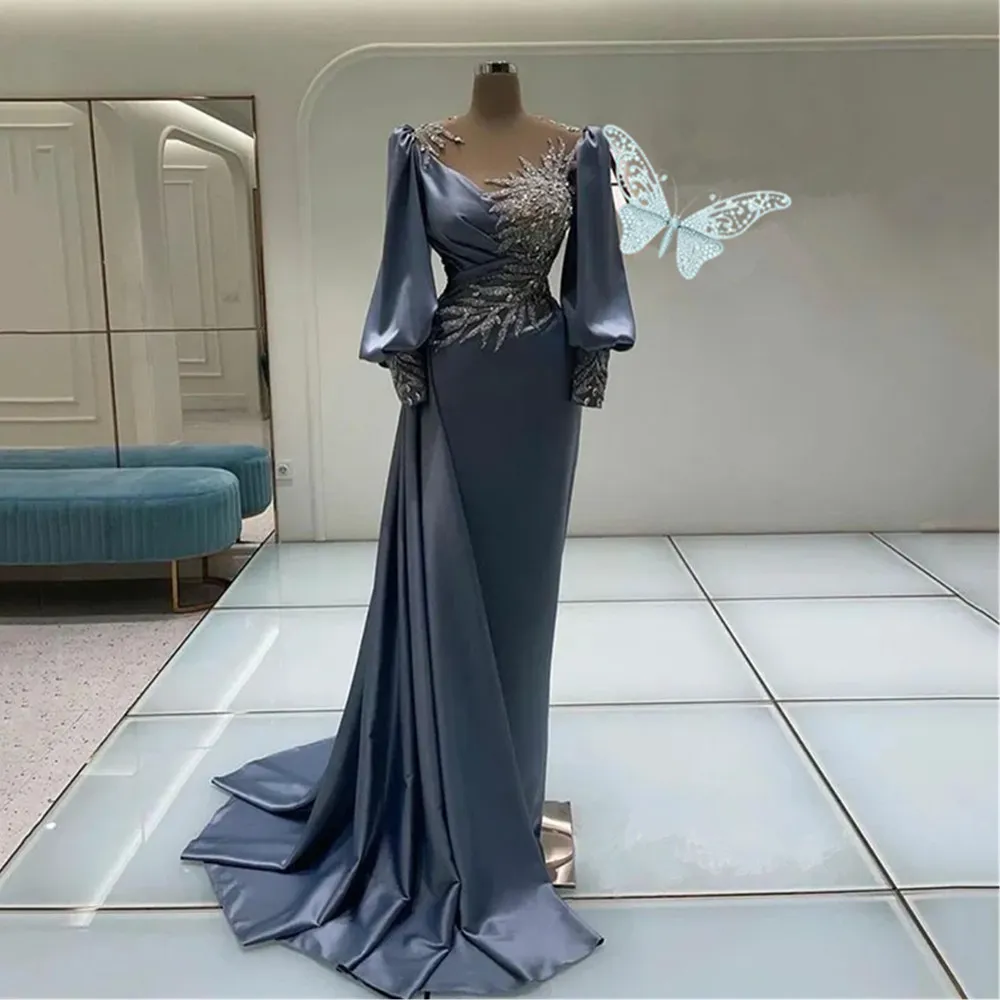 Robe De Bal Sirène En Satin Bleu Ciel Clair, Sexy, Scoop Slpt, Perles, Robes De Soirée, Manches Longues, Robe De Mariée YD Du 13