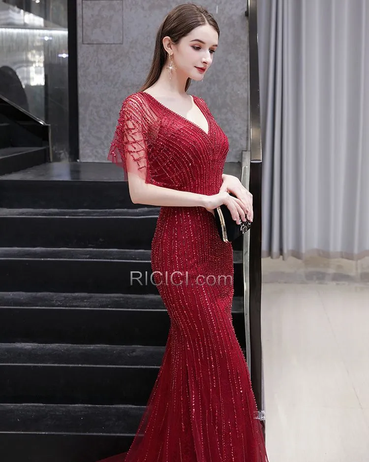 Robe De Ceremonie Luxe Perle Robes De Soirée Belle Sequin Décolleté Scintillante Manche Courte Robe De Fiancaille Fourreau Longu