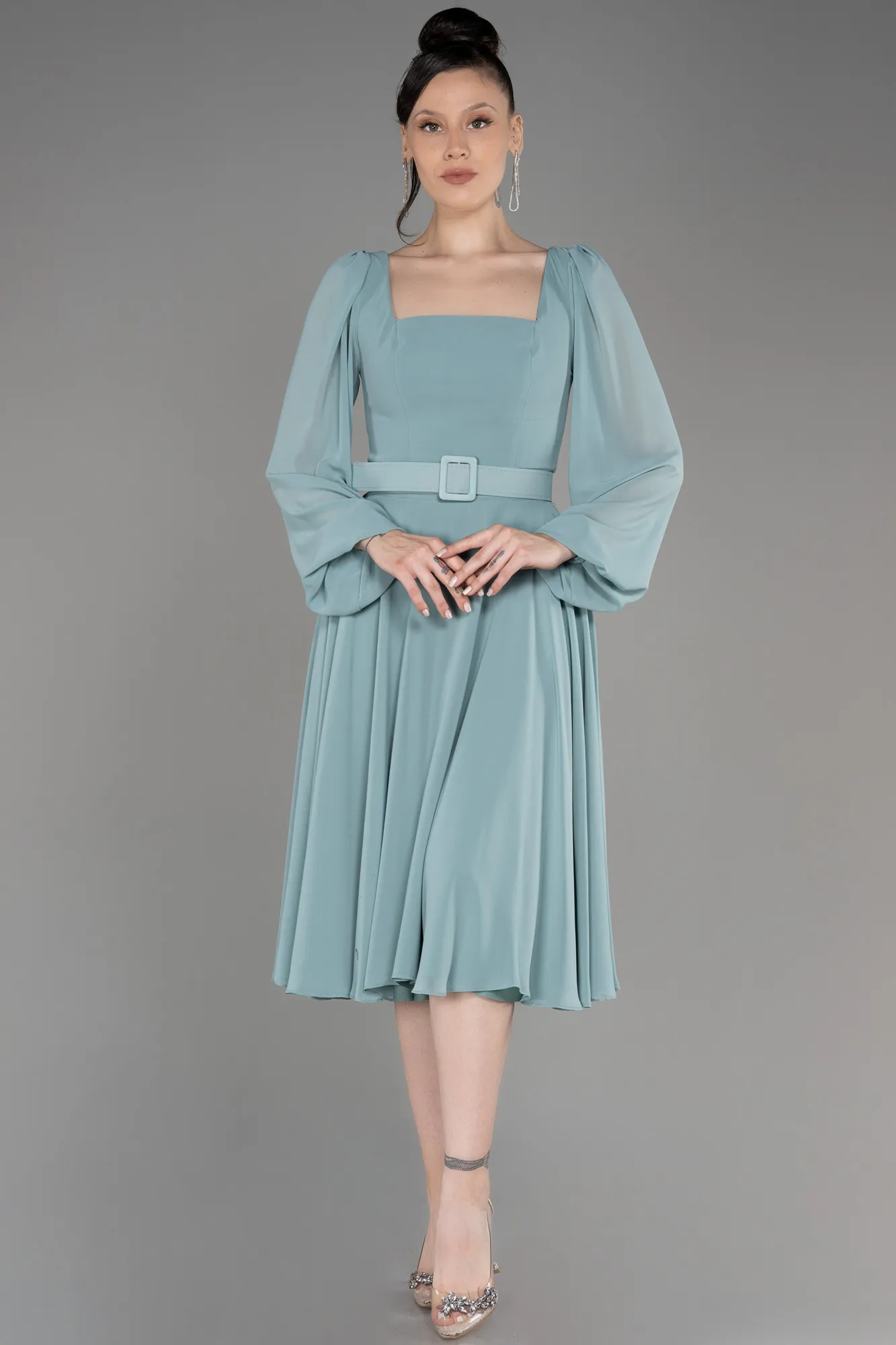 Robe de Cérémonie Midi Mousseline Bleu Saxe ABK2026