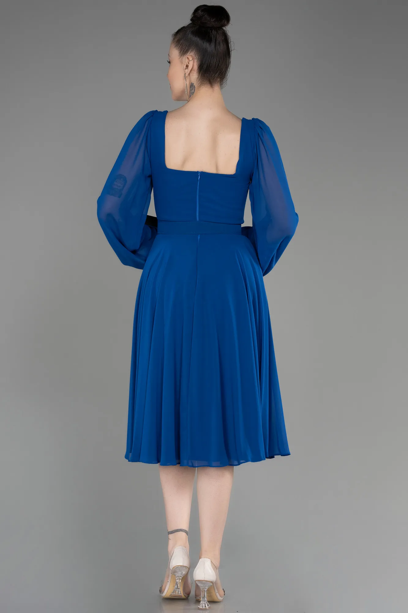 Robe de Cérémonie Midi Mousseline Bleu Saxe ABK2026