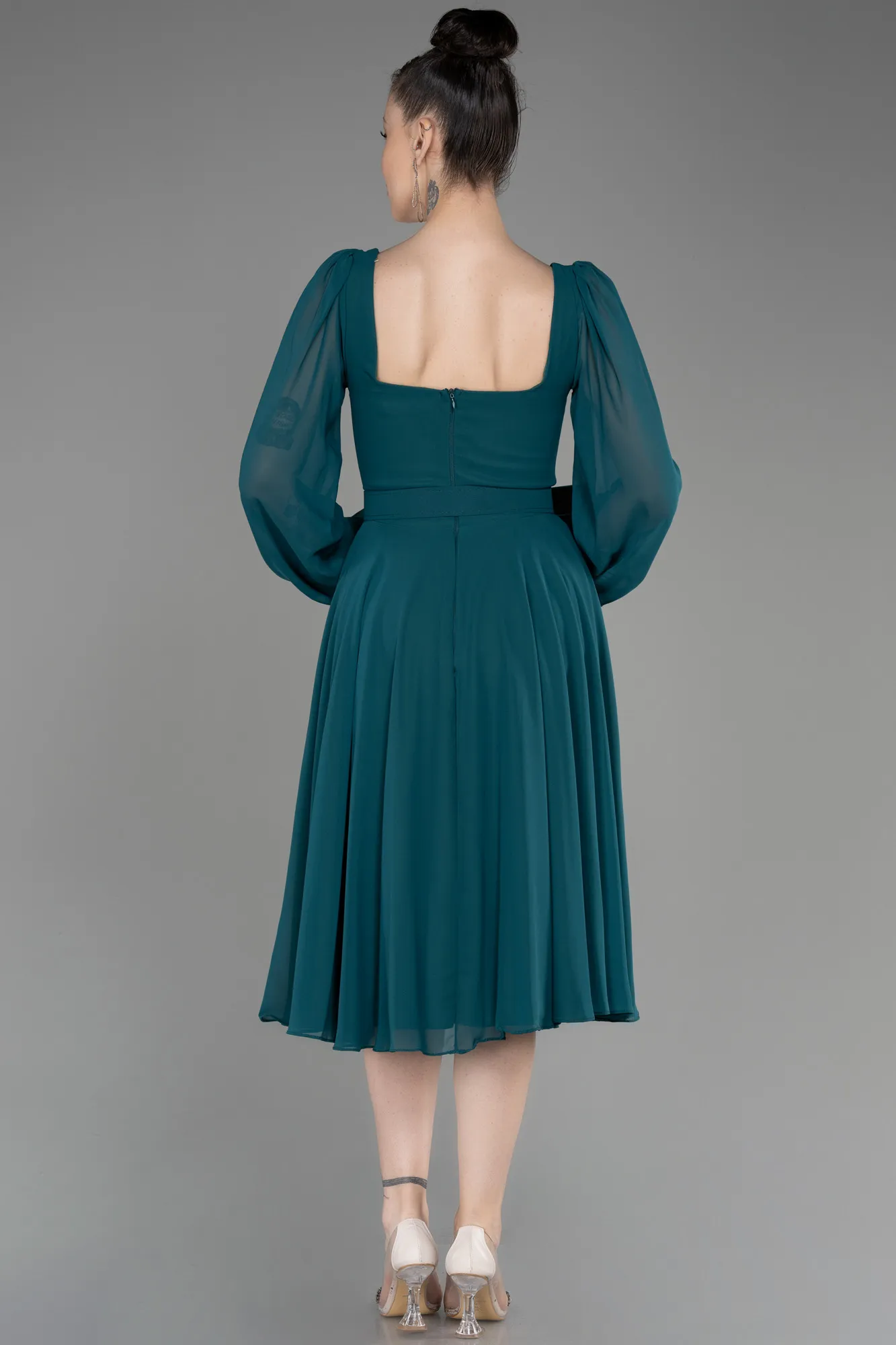 Robe de Cérémonie Midi Mousseline Bleu Saxe ABK2026