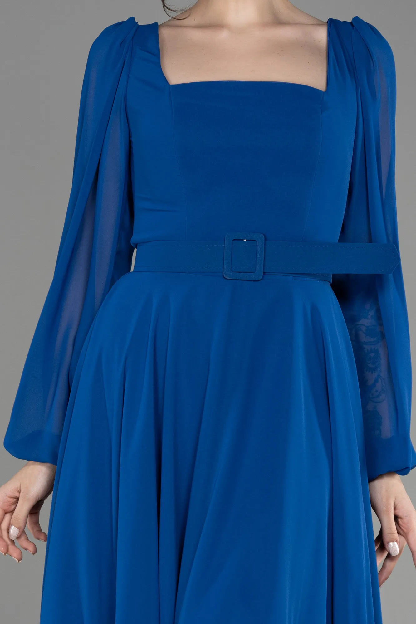 Robe de Cérémonie Midi Mousseline Bleu Saxe ABK2026