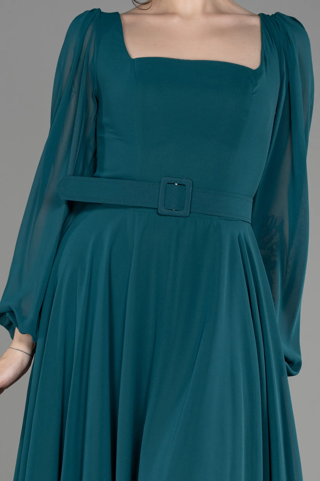 Robe de Cérémonie Midi Mousseline Bleu Saxe ABK2026