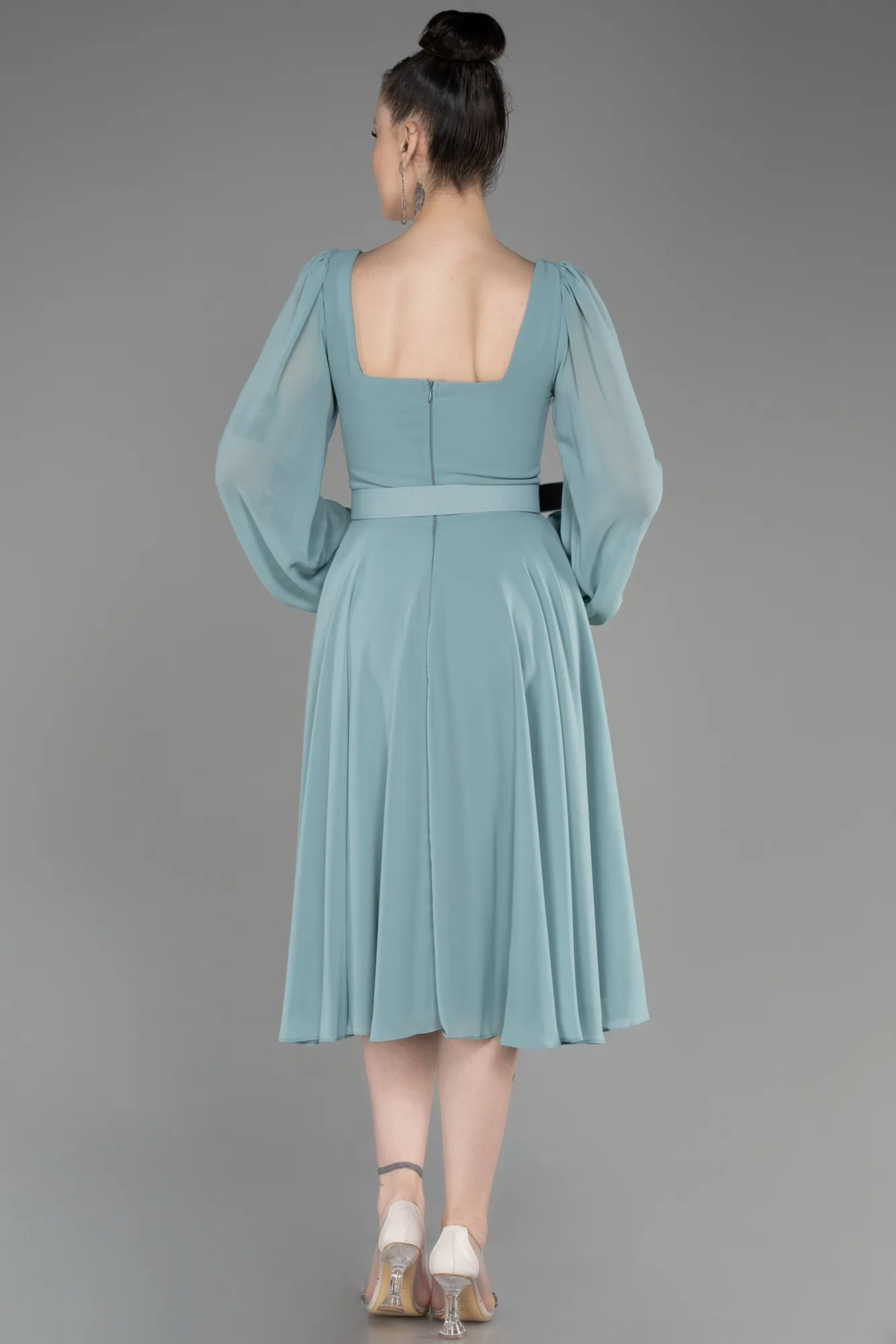 Robe de Cérémonie Midi Mousseline Bleu Saxe ABK2026