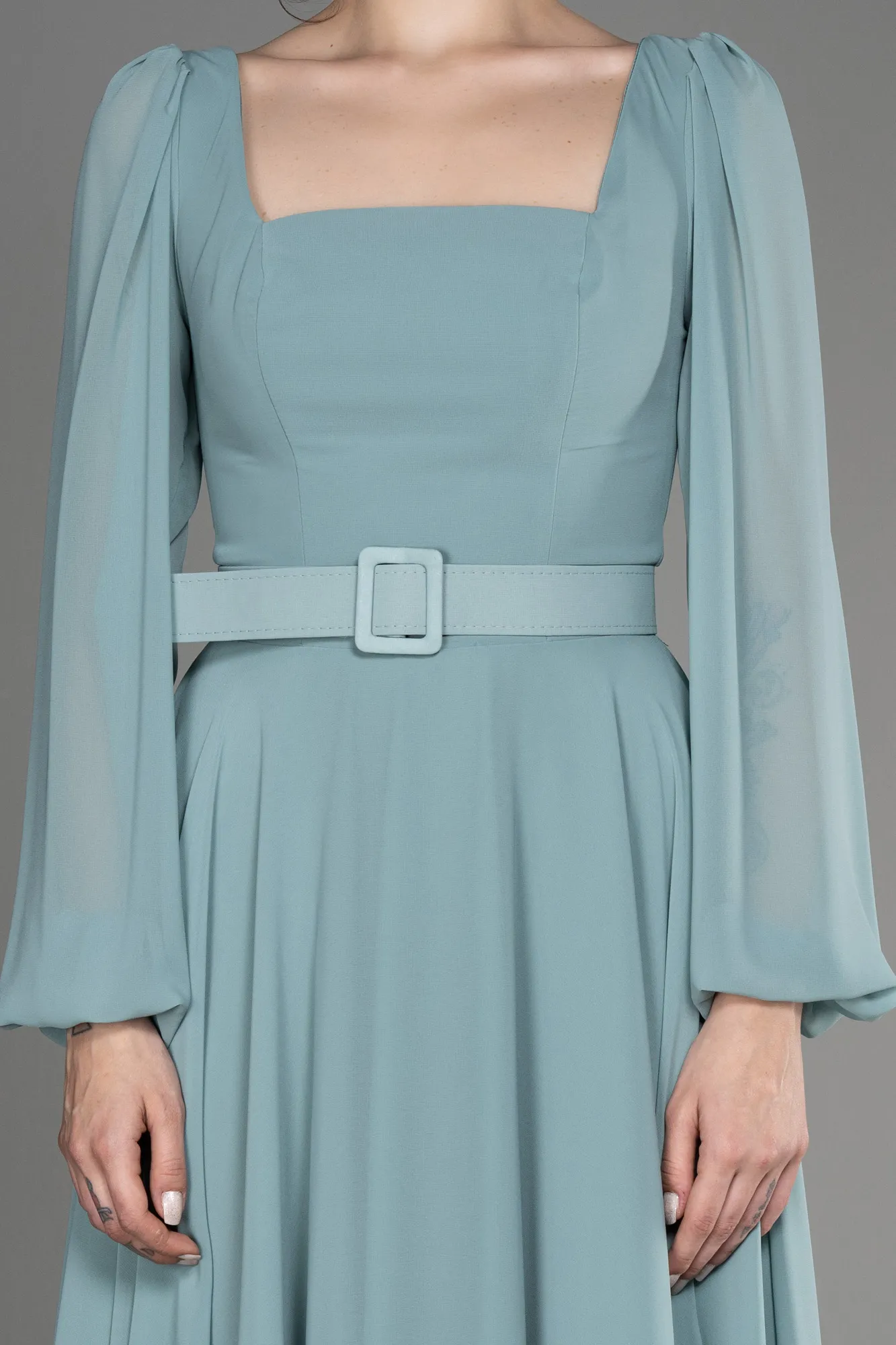 Robe de Cérémonie Midi Mousseline Bleu Saxe ABK2026