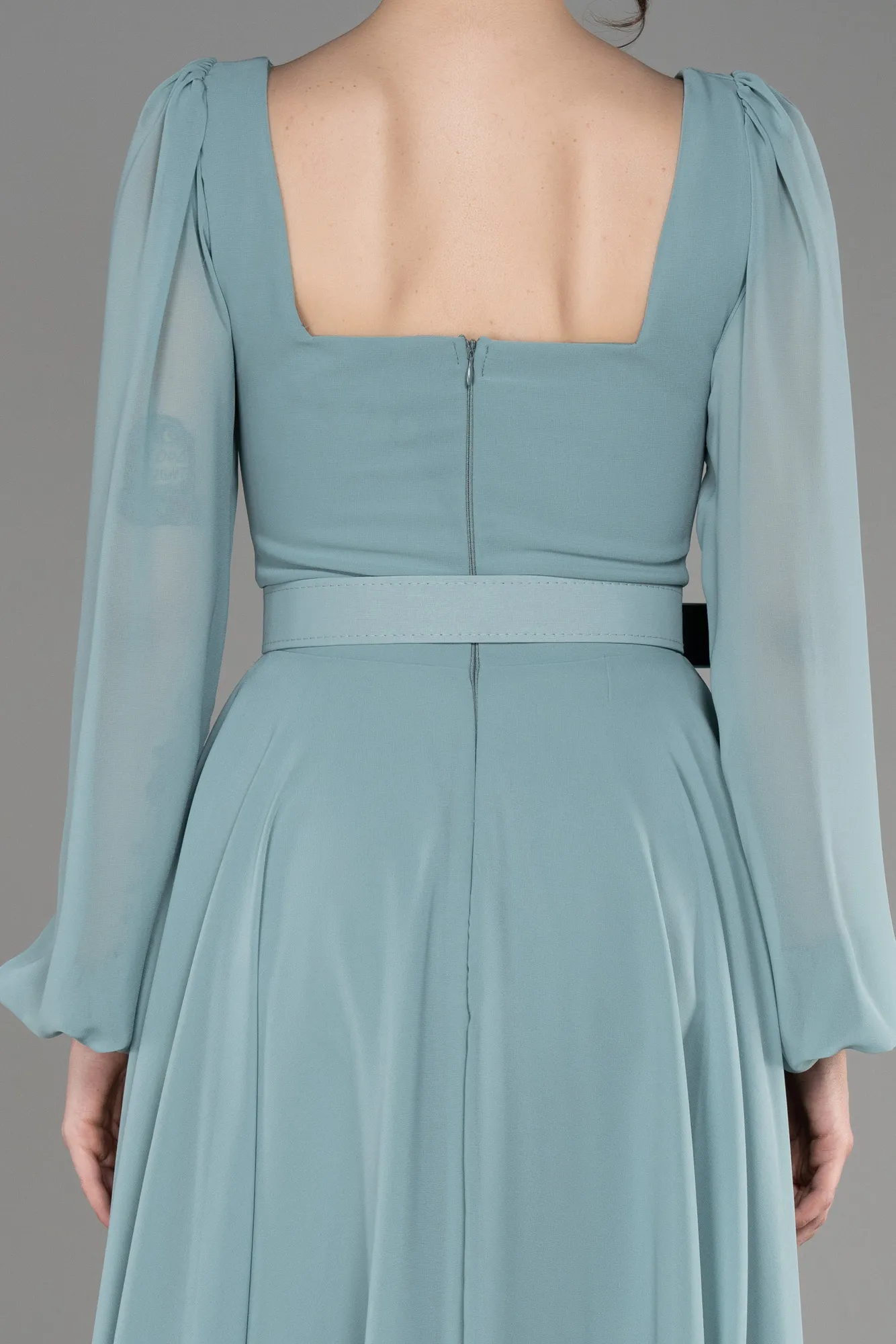 Robe de Cérémonie Midi Mousseline Bleu Saxe ABK2026