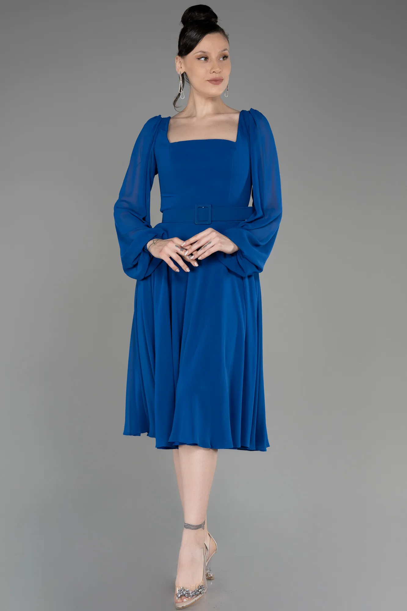 Robe de Cérémonie Midi Mousseline Bleu Saxe ABK2026