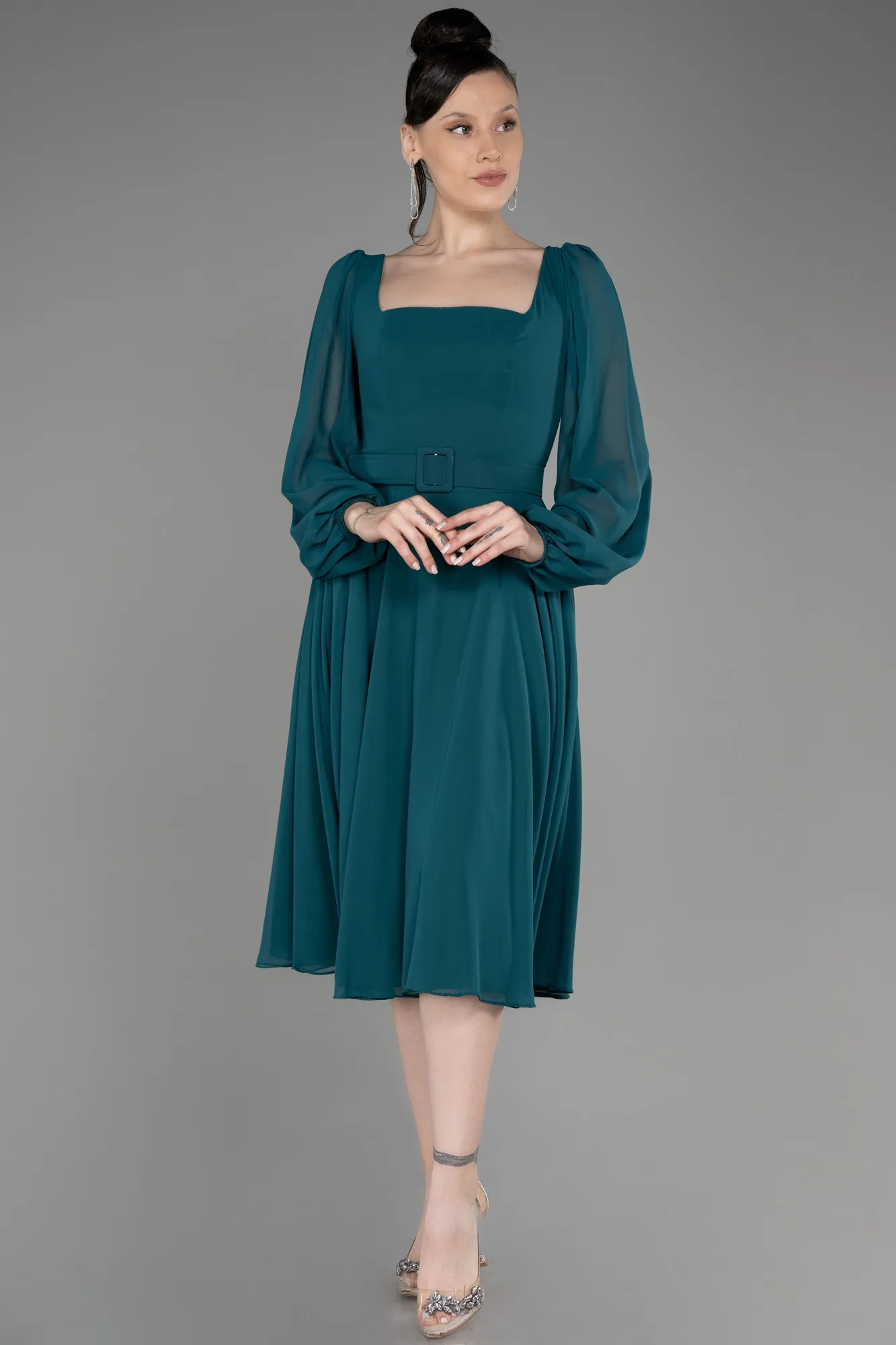 Robe de Cérémonie Midi Mousseline Bleu Saxe ABK2026