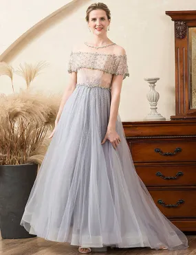 Robe de la mère de mariée en tulle gris, ligne A, perlée et pailletée