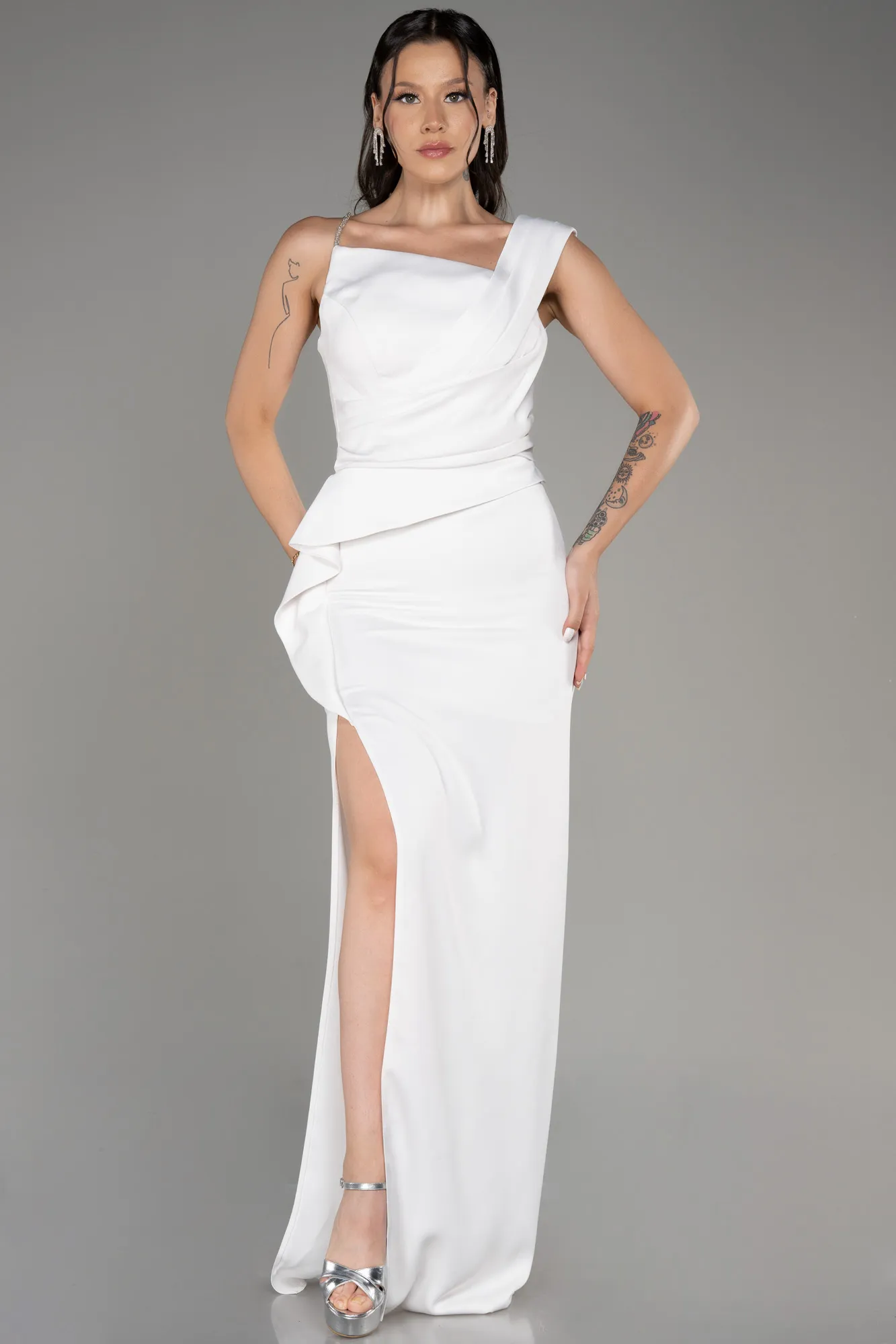 Robe de Soirée Longue Satin Blanc ABU4014