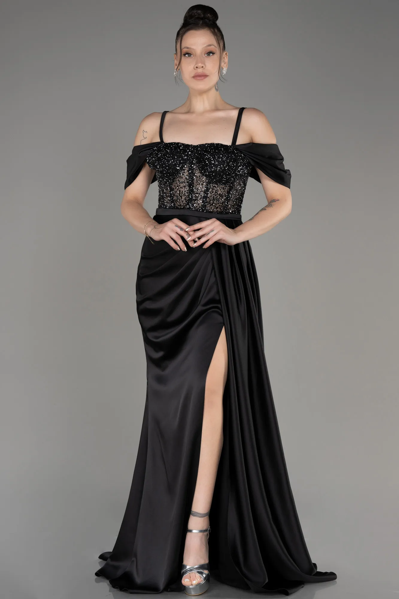 Robe de Soirée Longue Satin Noir ABU3968