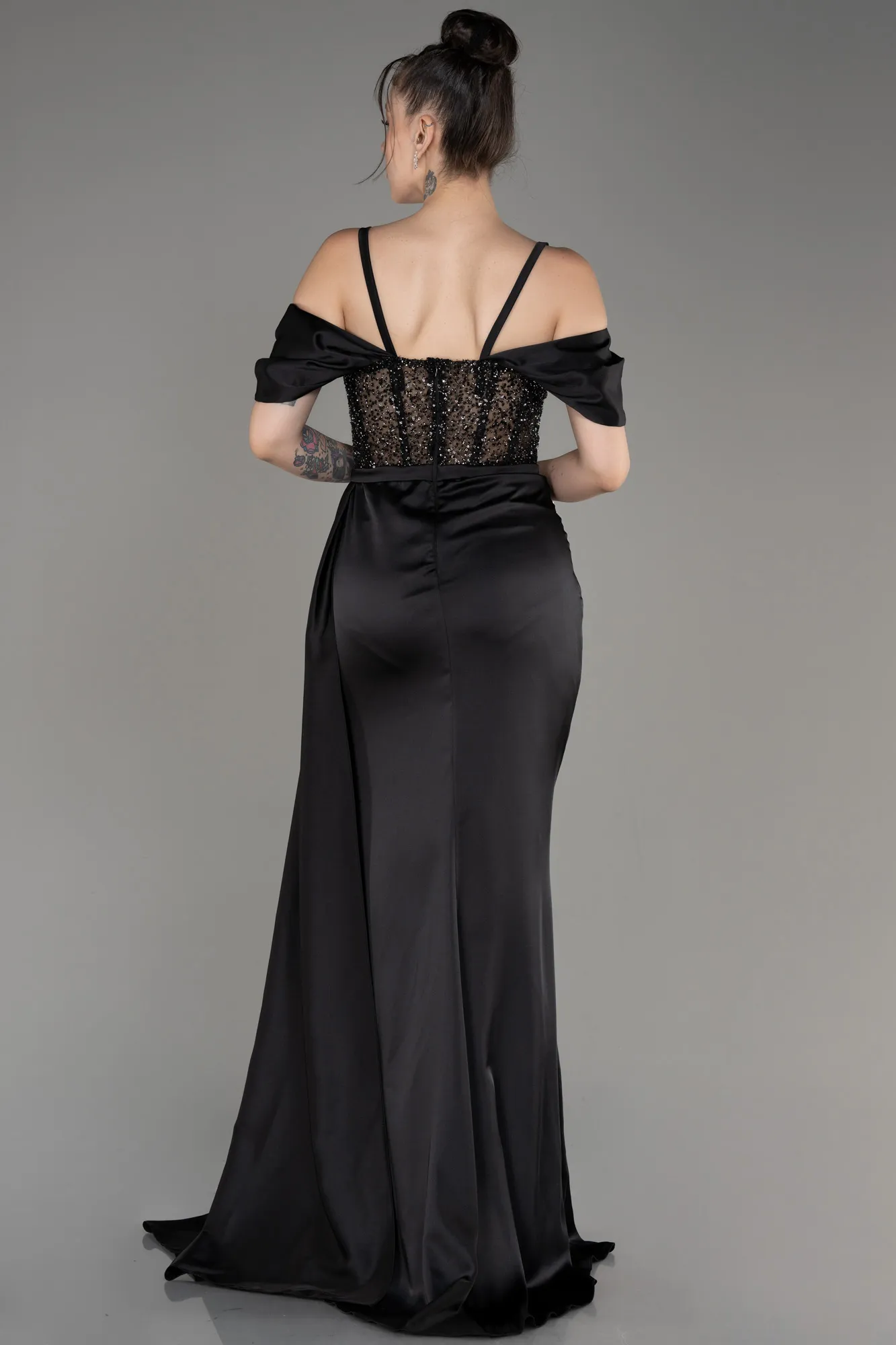 Robe de Soirée Longue Satin Noir ABU3968