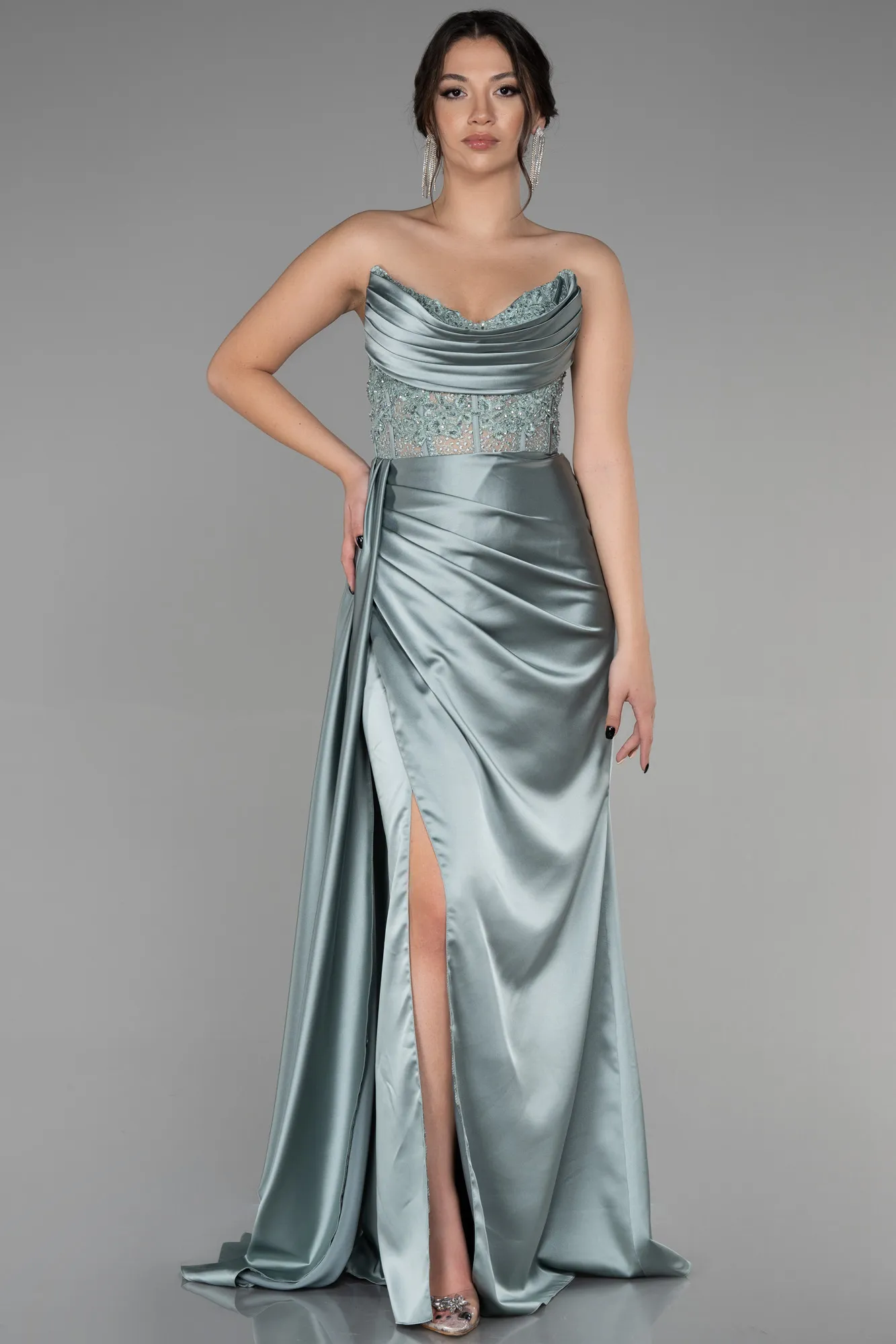 Robe de Soirée Longue Satin Émeraude ABU3998