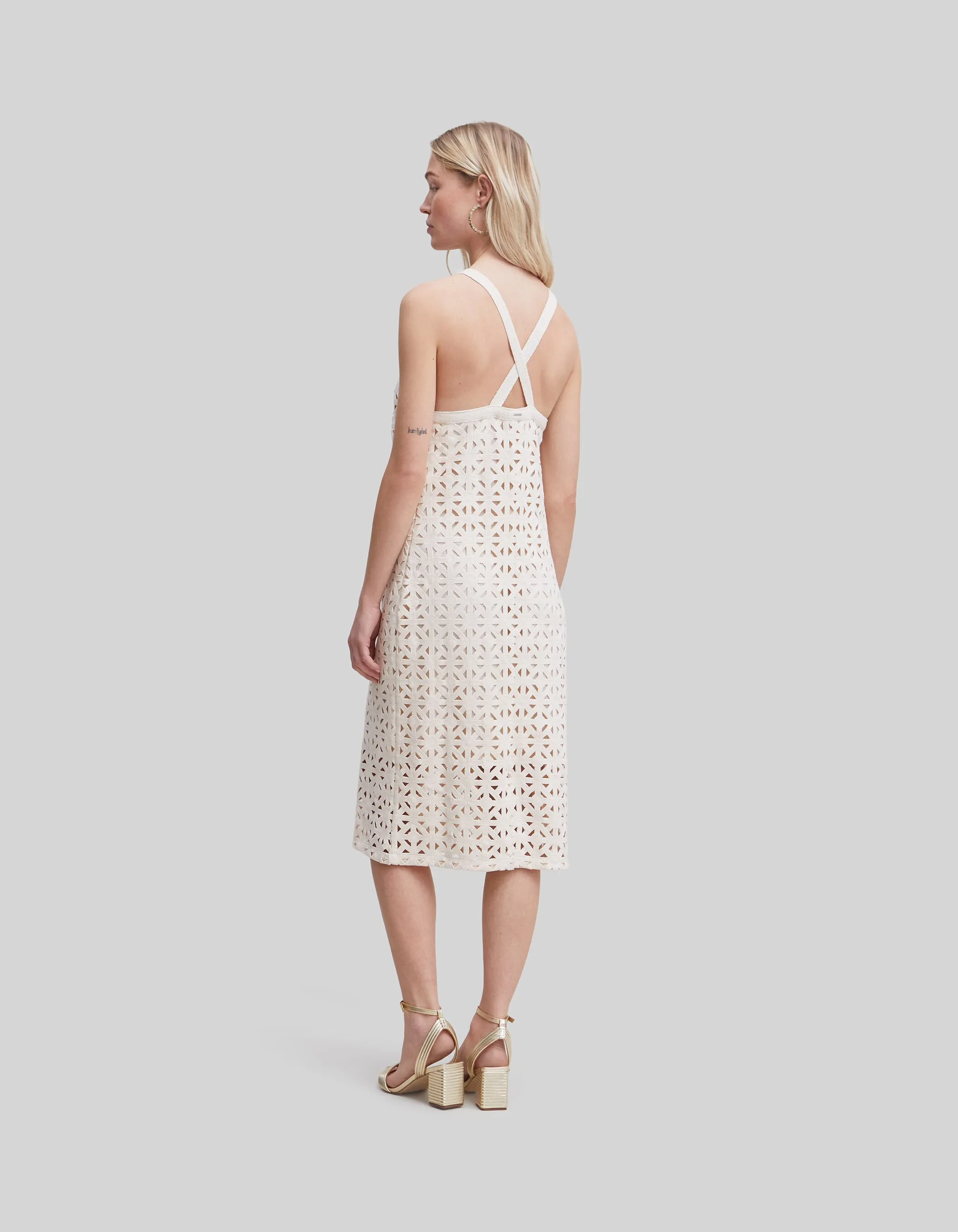 Robe midi écrue macramé graphique Femme