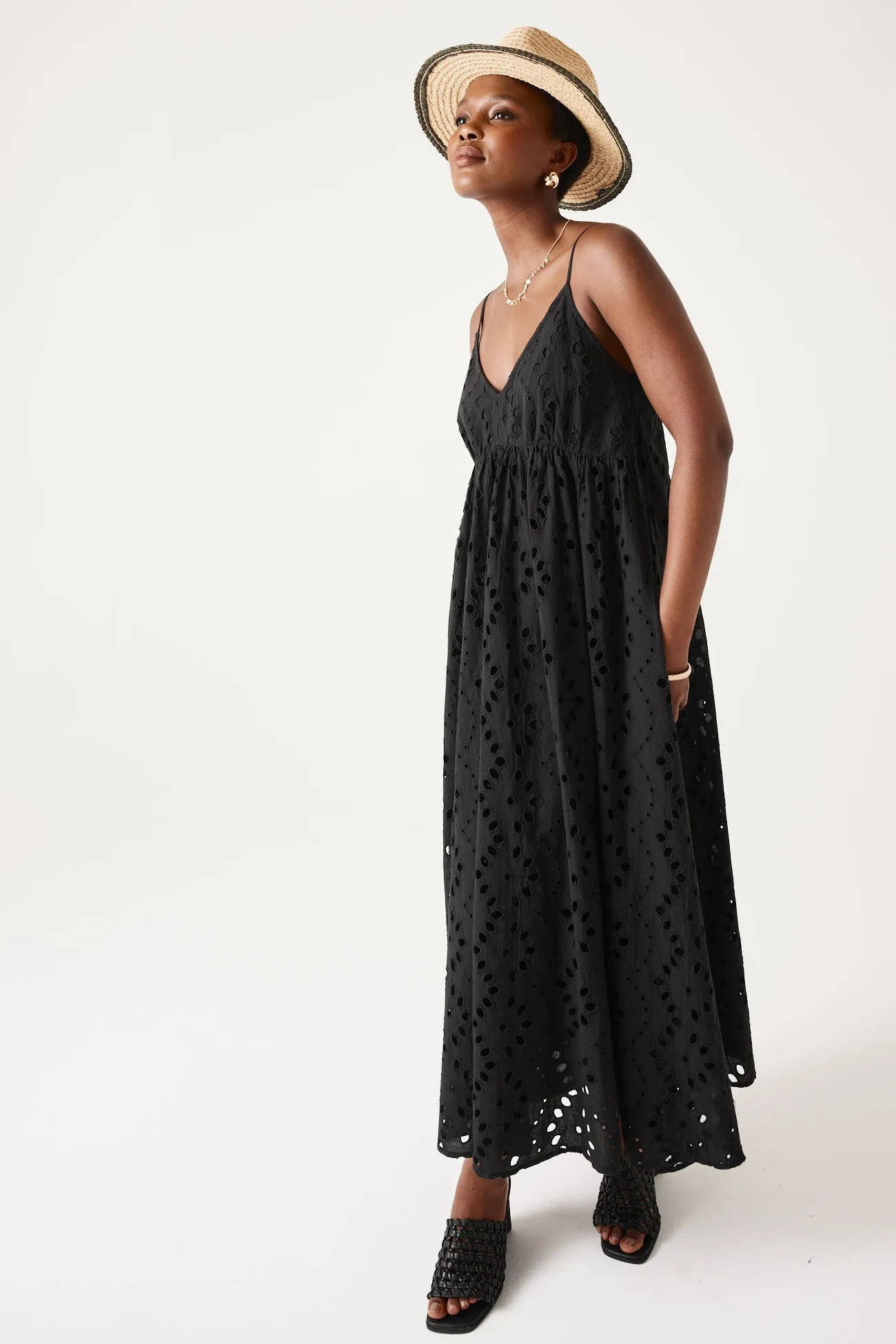 Robe midi en broderie anglaise - Noir