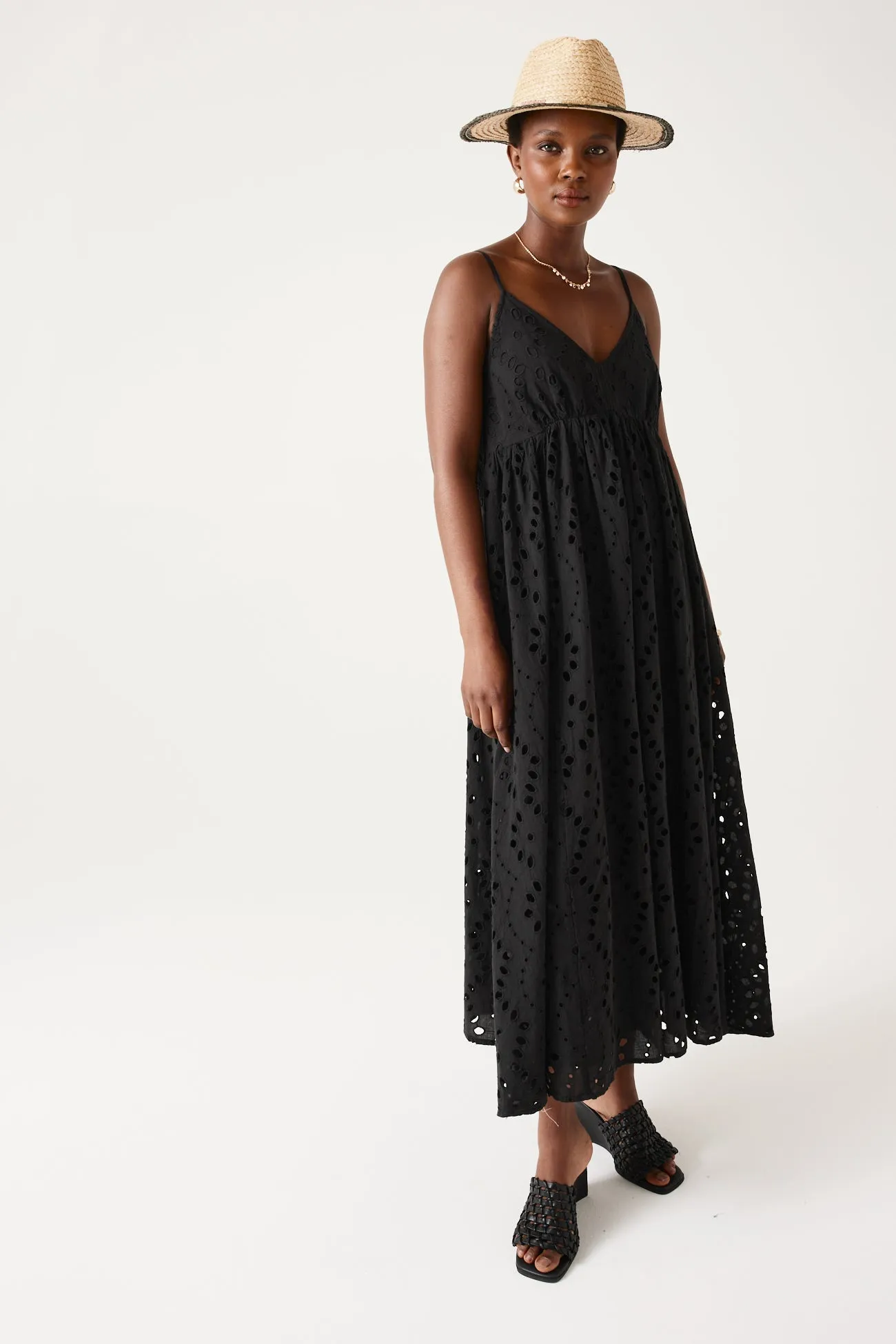 Robe midi en broderie anglaise - Noir