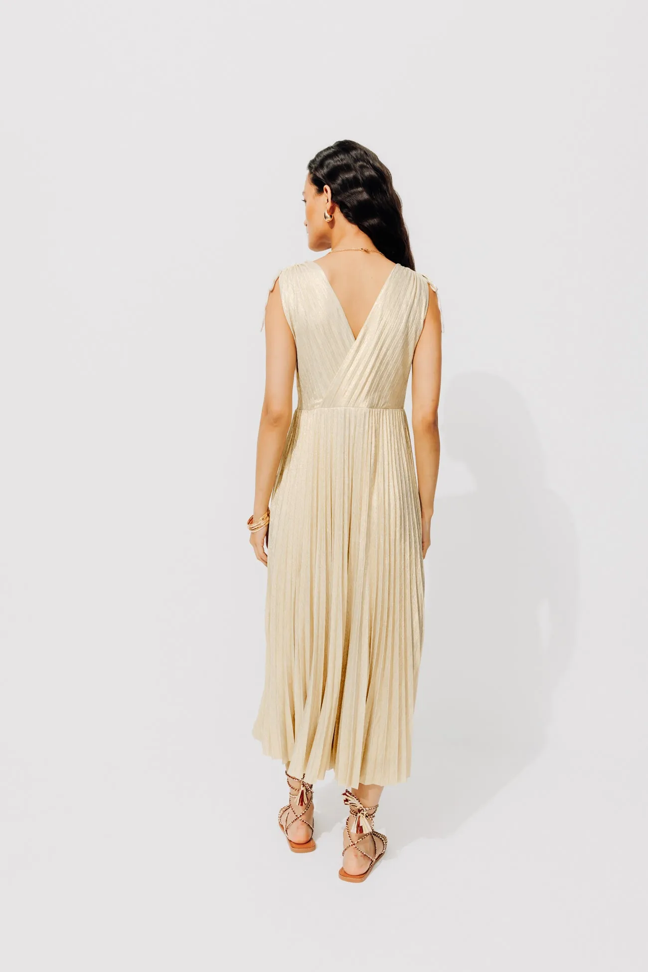 Robe midi lamée plissée Femme - Ecru