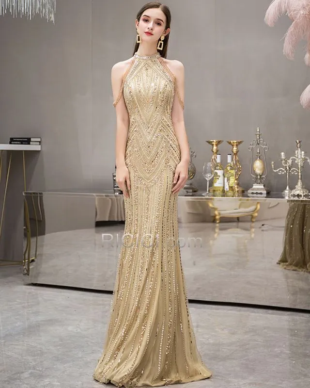 Robe Nouvel An Sequin Élégant Longue Luxe Fourreau Robes De Soirée À Frange Dorée Licou Brillante Strass