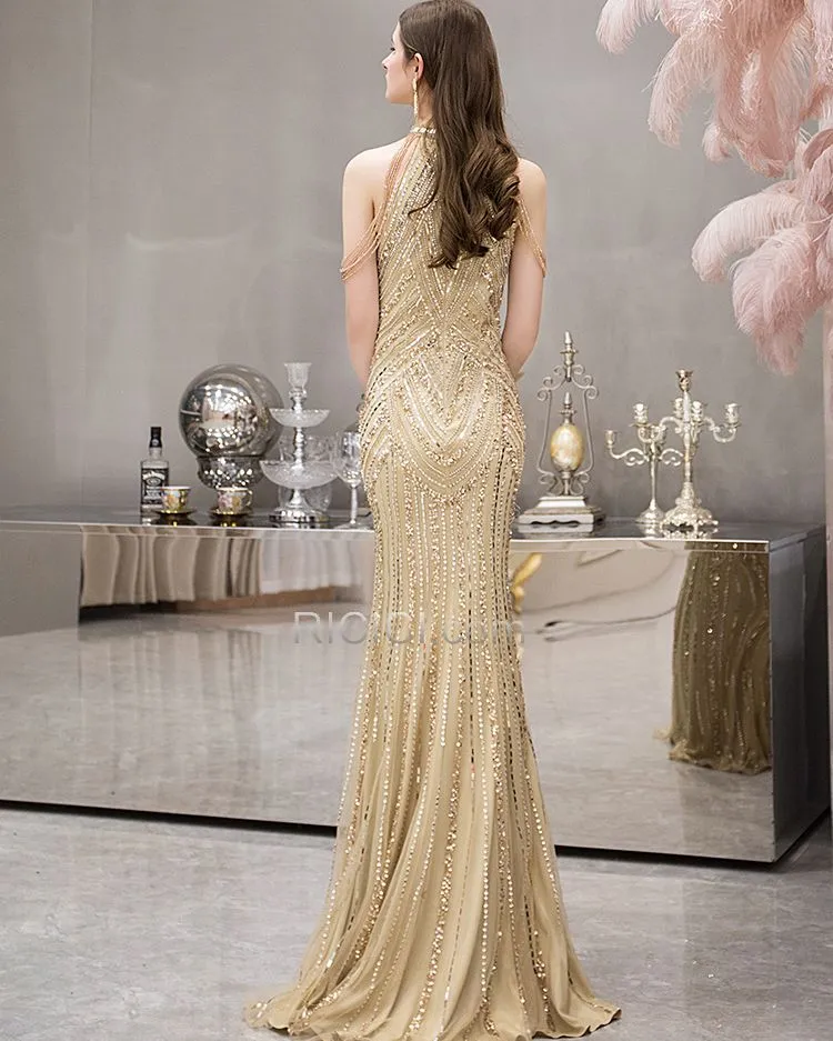 Robe Nouvel An Sequin Élégant Longue Luxe Fourreau Robes De Soirée À Frange Dorée Licou Brillante Strass