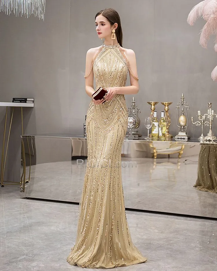 Robe Nouvel An Sequin Élégant Longue Luxe Fourreau Robes De Soirée À Frange Dorée Licou Brillante Strass