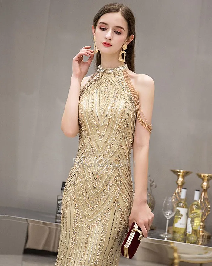 Robe Nouvel An Sequin Élégant Longue Luxe Fourreau Robes De Soirée À Frange Dorée Licou Brillante Strass