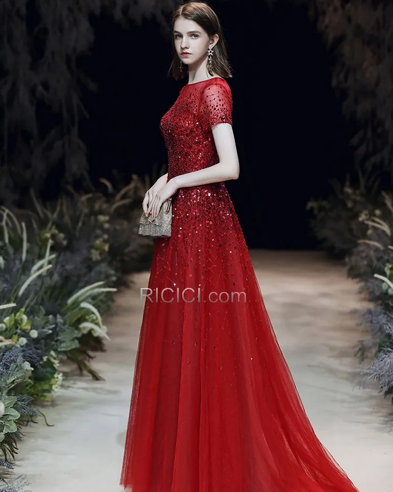 Robes De Soirée Paillette Princesse Brillante Longue Rouge Robe De Bal Belle Tulle