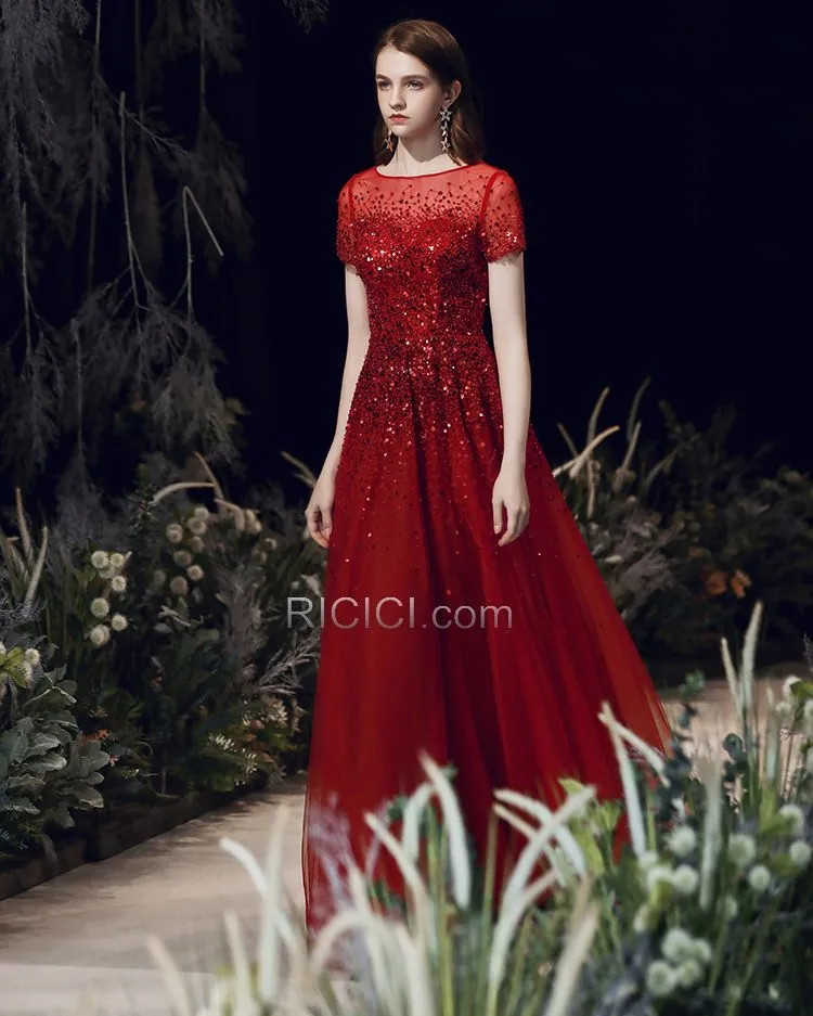 Robes De Soirée Paillette Princesse Brillante Longue Rouge Robe De Bal Belle Tulle