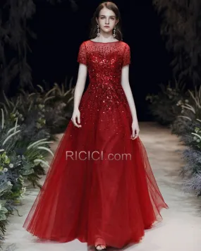 Robes De Soirée Paillette Princesse Brillante Longue Rouge Robe De Bal Belle Tulle