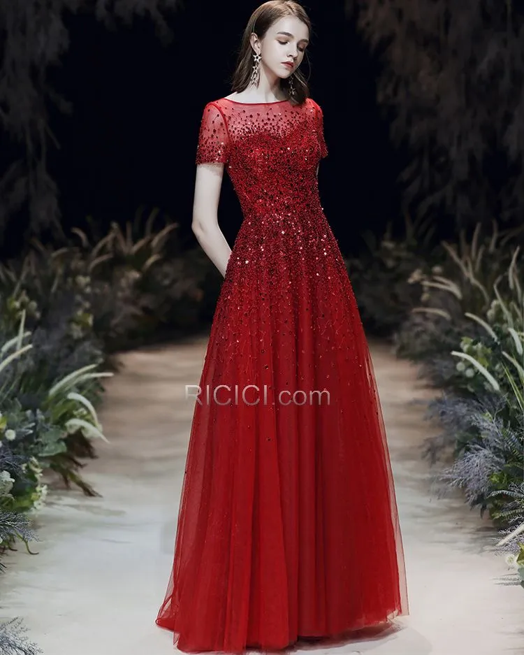 Robes De Soirée Paillette Princesse Brillante Longue Rouge Robe De Bal Belle Tulle