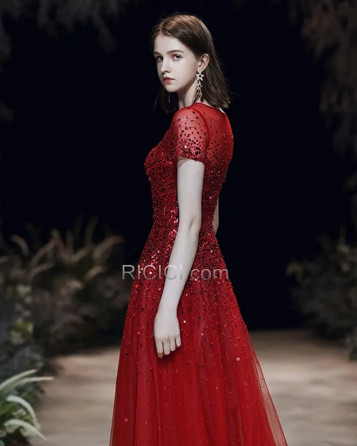 Robes De Soirée Paillette Princesse Brillante Longue Rouge Robe De Bal Belle Tulle