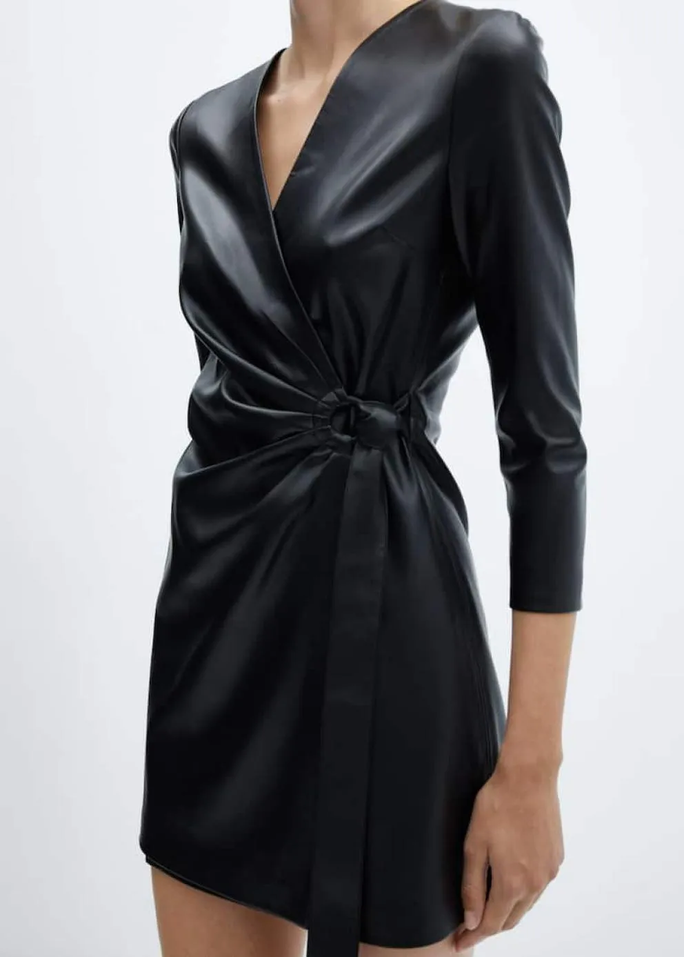 Robes Et Combinaisons | Femme MANGO Robe Cache-cœur Similicuir Noir