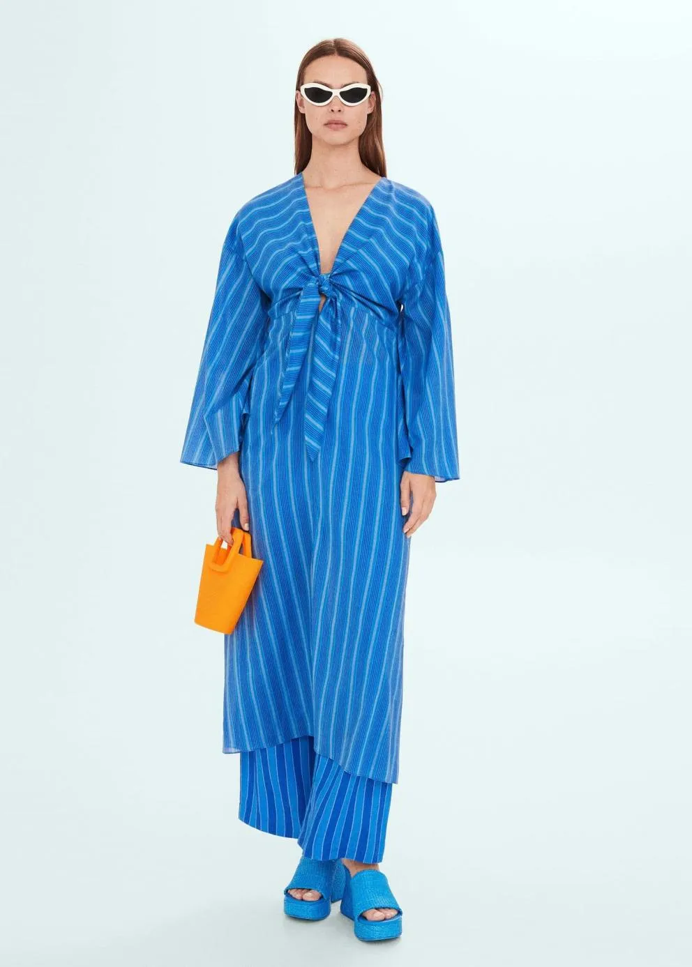 Robes Et Combinaisons | Femme MANGO Robe Rayures Détail Nœud Bleu