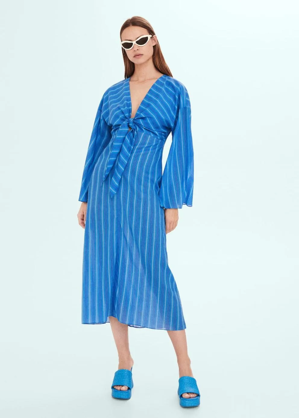 Robes Et Combinaisons | Femme MANGO Robe Rayures Détail Nœud Bleu