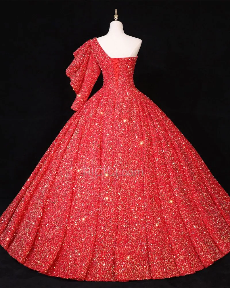 Rouge Luxe Robes De Soirée Robe De Bal Princesse Scintillante Paillette À Volants Une Épaule Dos Nu