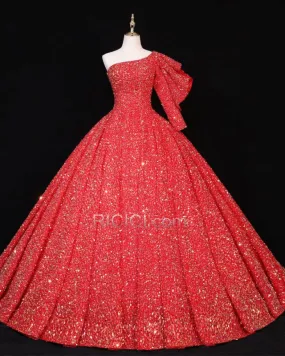 Rouge Luxe Robes De Soirée Robe De Bal Princesse Scintillante Paillette À Volants Une Épaule Dos Nu