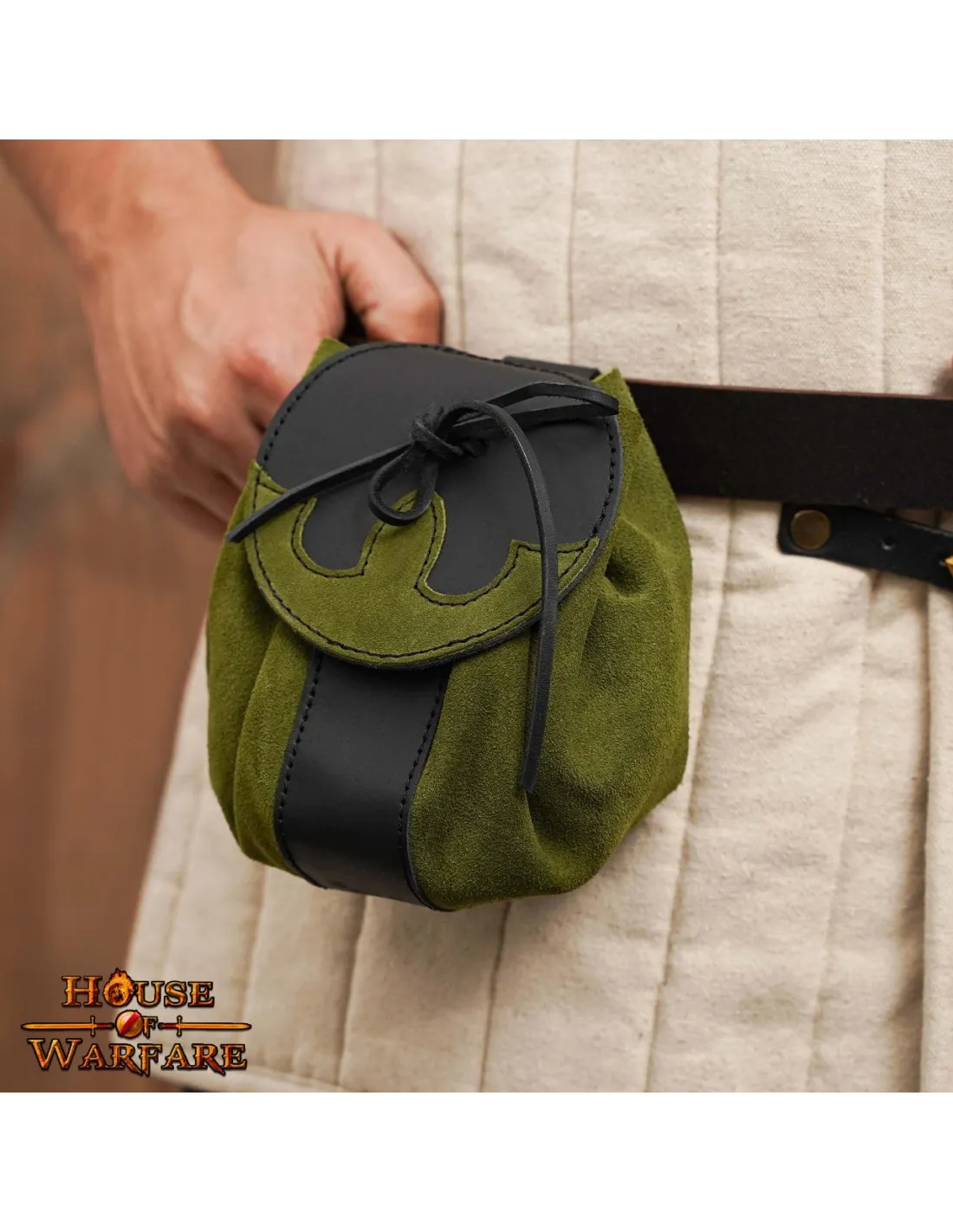 Sac médiéval, type mendiant, en cuir vert ⚔️ Boutique Épées