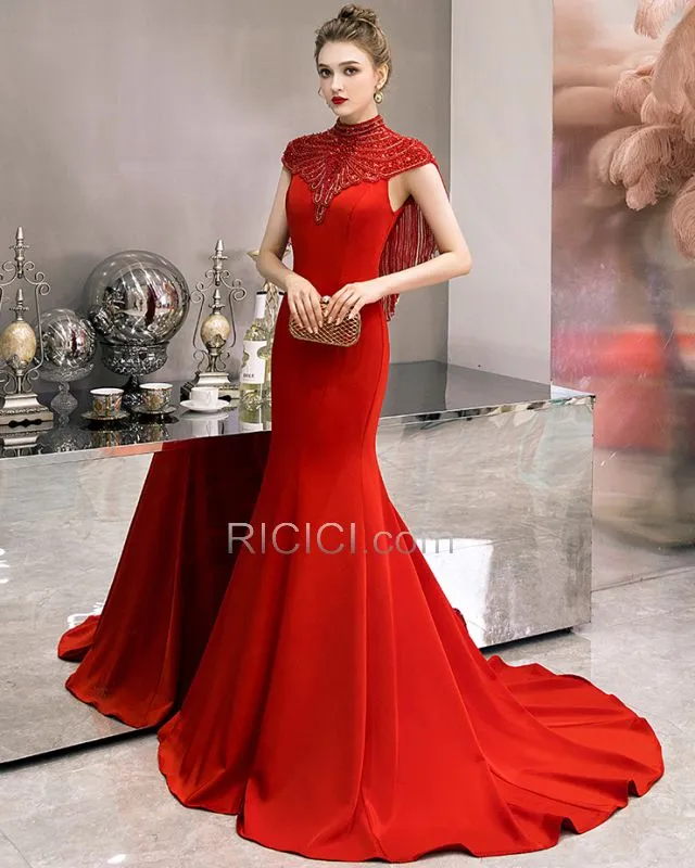 Sans Manches Robes De Soirée Rouge Strass Robe Mère De Mariée Col Haut Longue