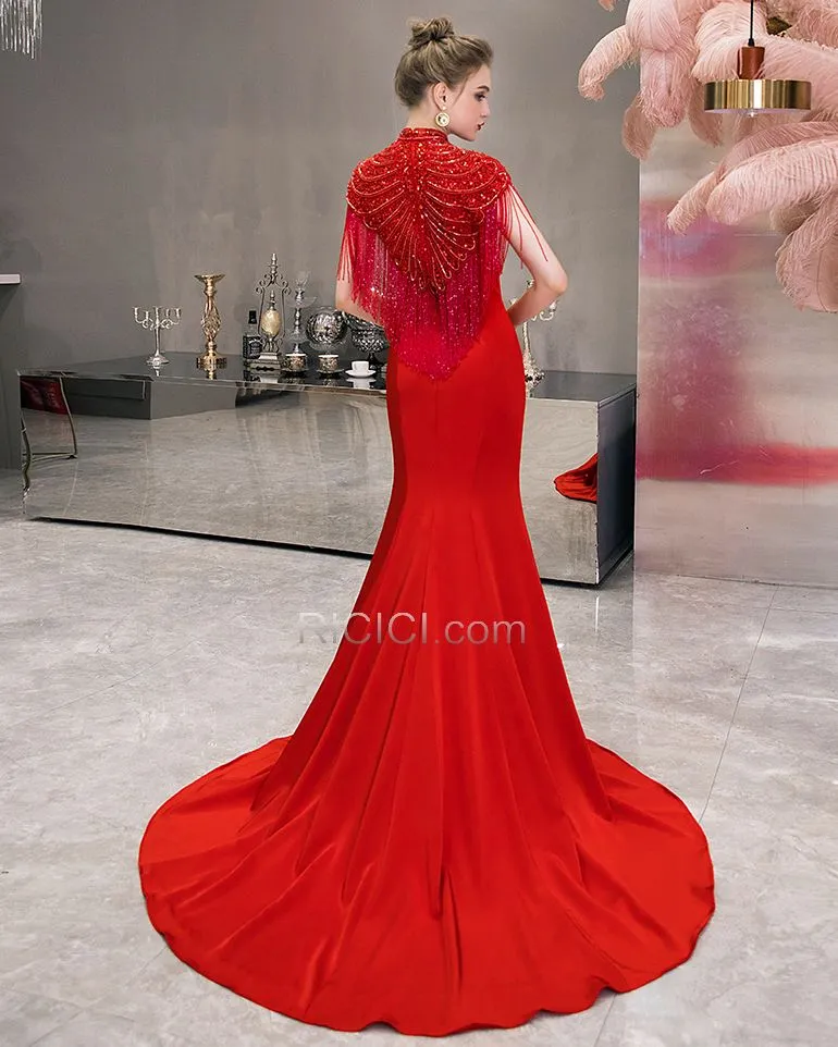 Sans Manches Robes De Soirée Rouge Strass Robe Mère De Mariée Col Haut Longue