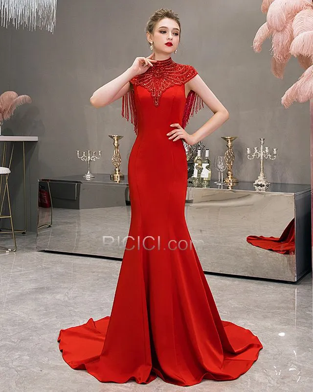 Sans Manches Robes De Soirée Rouge Strass Robe Mère De Mariée Col Haut Longue