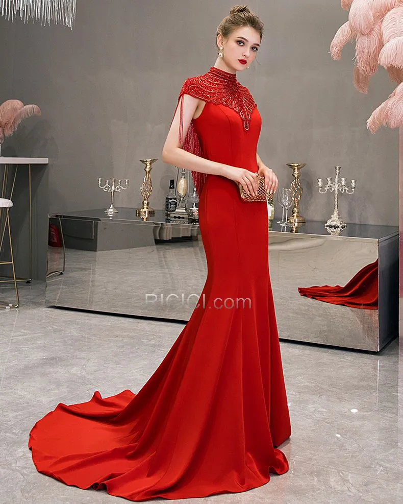 Sans Manches Robes De Soirée Rouge Strass Robe Mère De Mariée Col Haut Longue