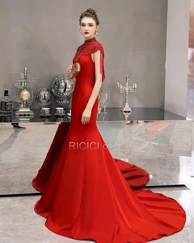 Sans Manches Robes De Soirée Rouge Strass Robe Mère De Mariée Col Haut Longue