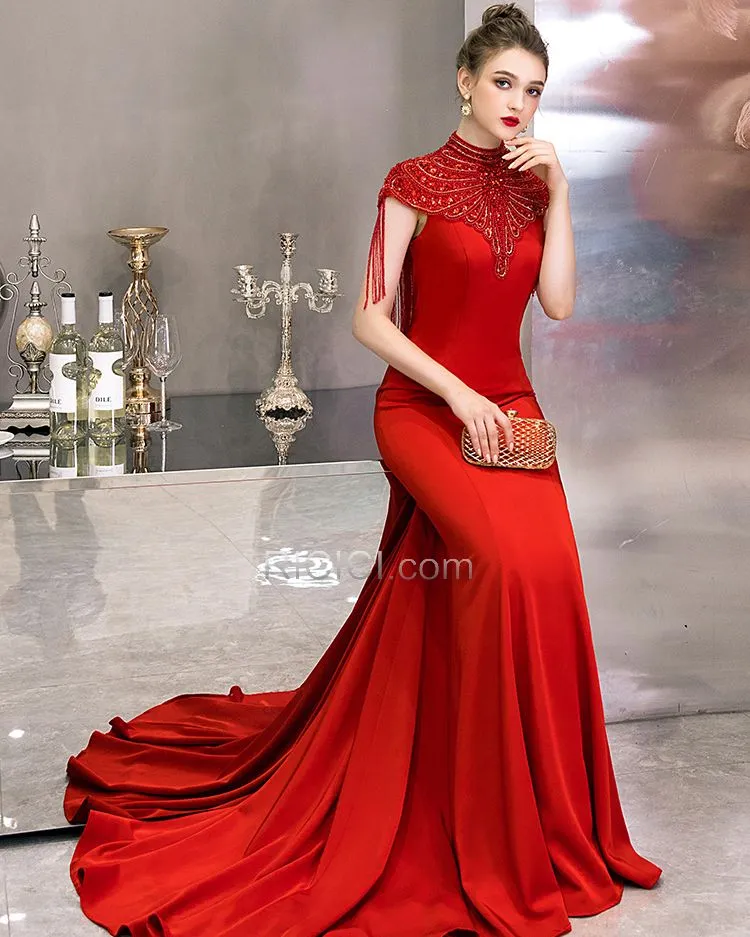 Sans Manches Robes De Soirée Rouge Strass Robe Mère De Mariée Col Haut Longue